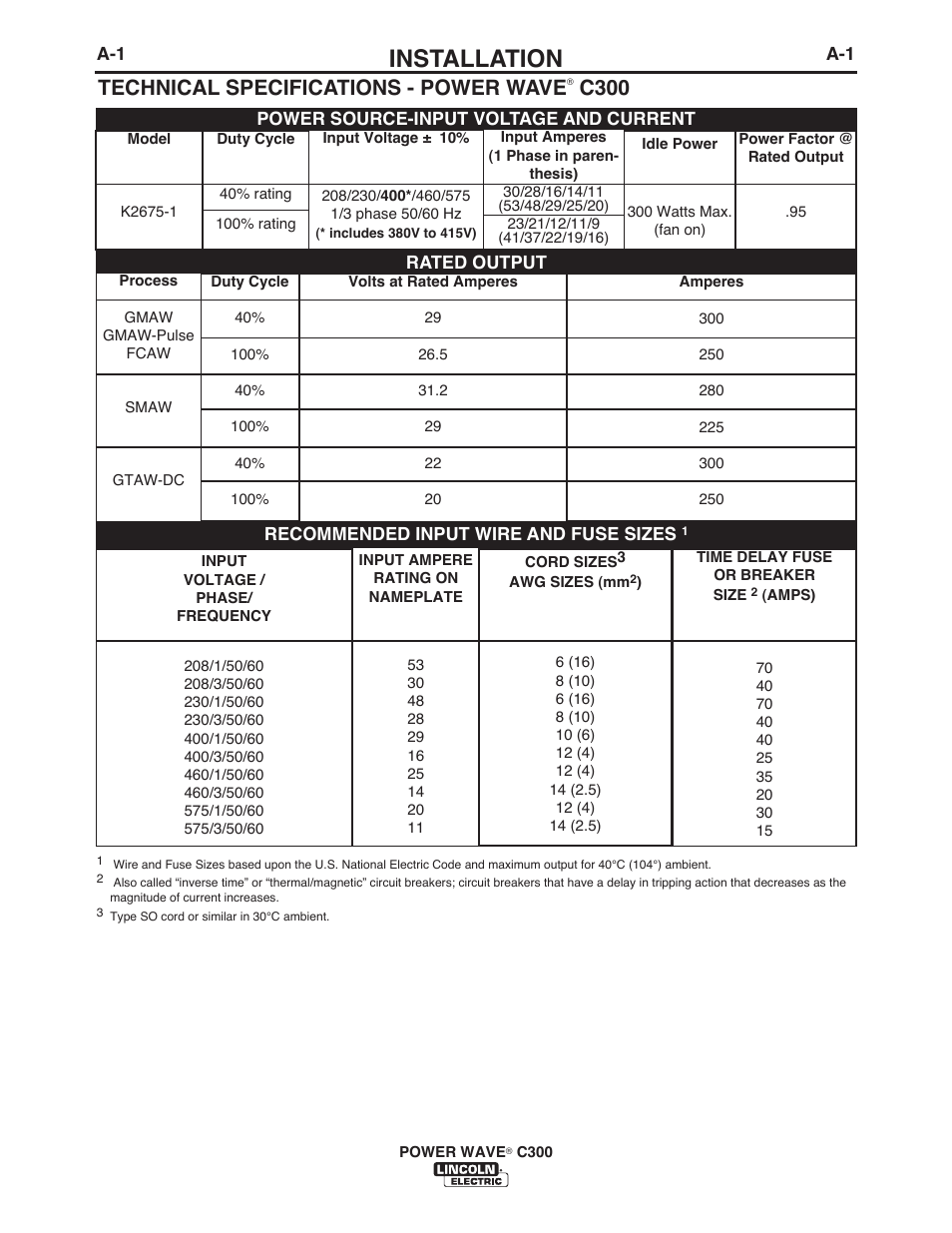 Installation, Technical specifications - power wave, C300 | Lincoln Electric IM956 POWER WAVE C300 User Manual | Page 11 / 72