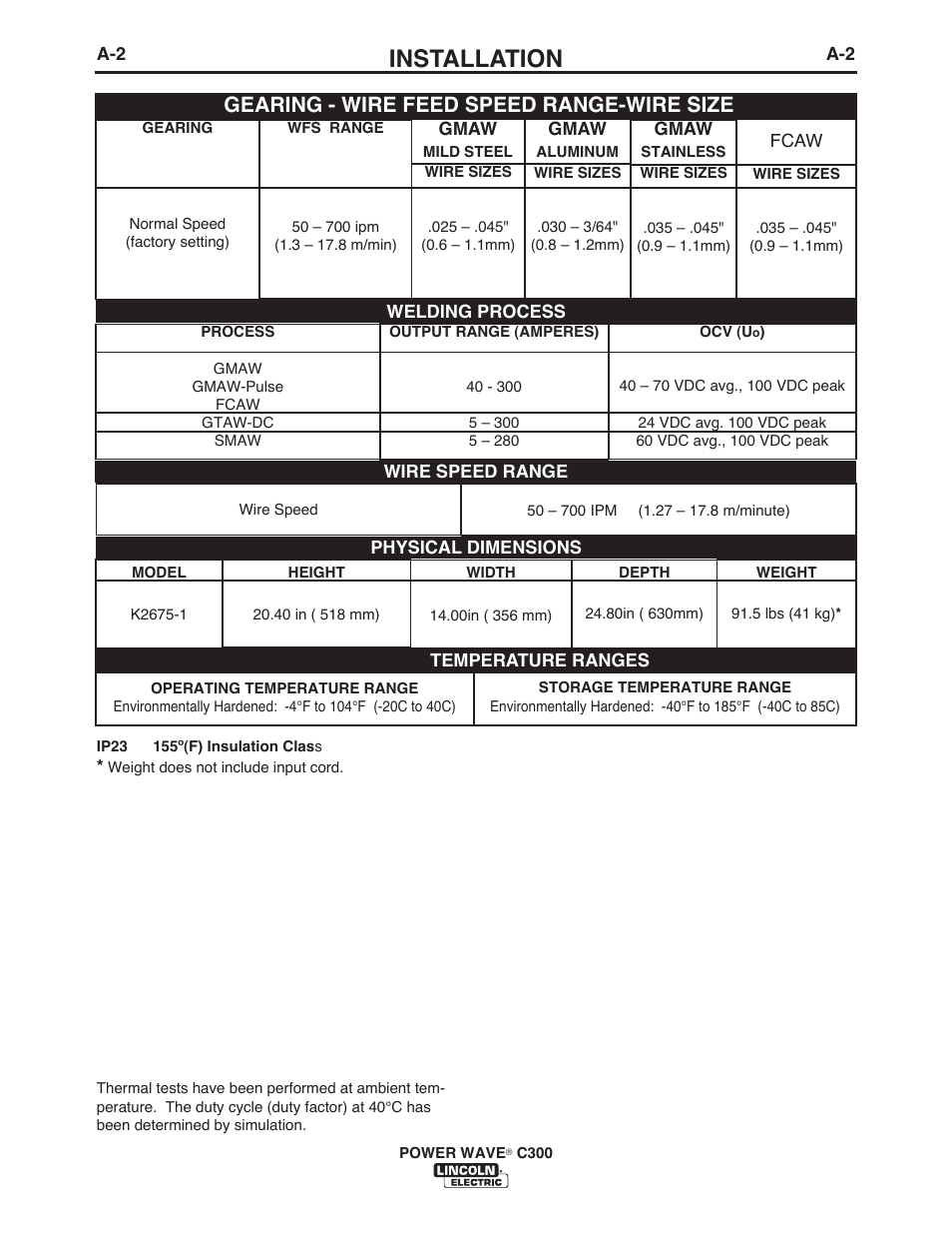 Installation, Gearing - wire feed speed range-wire size | Lincoln Electric IM956 POWER WAVE C300 User Manual | Page 12 / 72