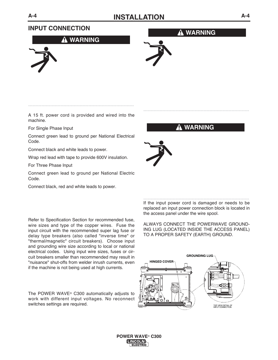 Installation, Input connection, Input fuse and supply wire considerations | Input voltage selection, Power cord replacement, Warning | Lincoln Electric IM956 POWER WAVE C300 User Manual | Page 14 / 72