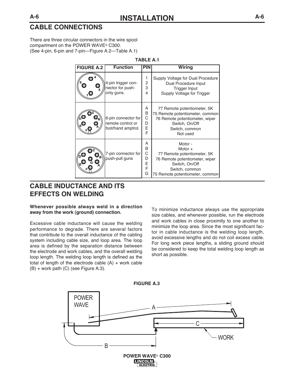 Installation, Cable connections, Cable inductance and its effects on welding | Ba c power wave work | Lincoln Electric IM956 POWER WAVE C300 User Manual | Page 16 / 72