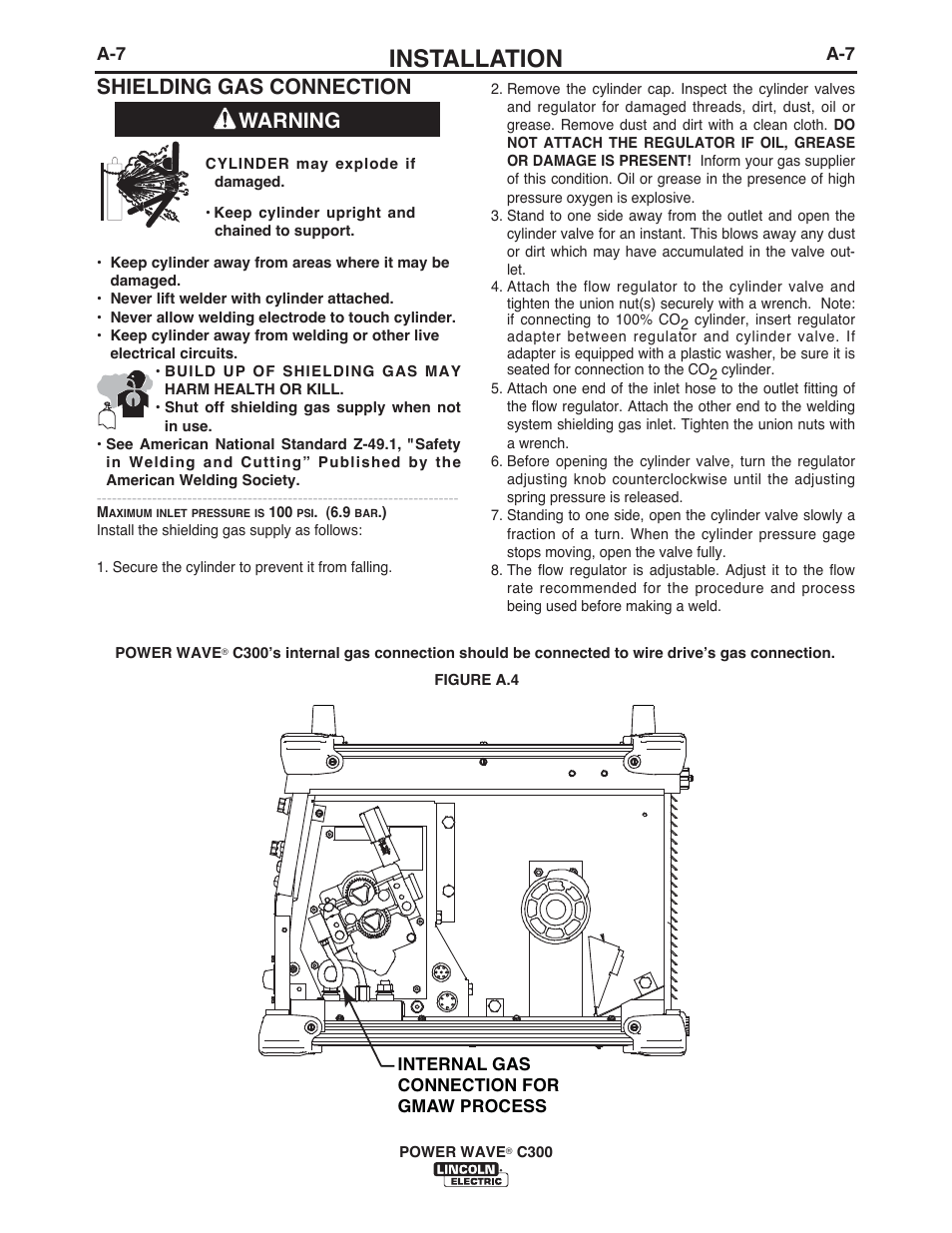 Installation, Shielding gas connection, Warning | Lincoln Electric IM956 POWER WAVE C300 User Manual | Page 17 / 72