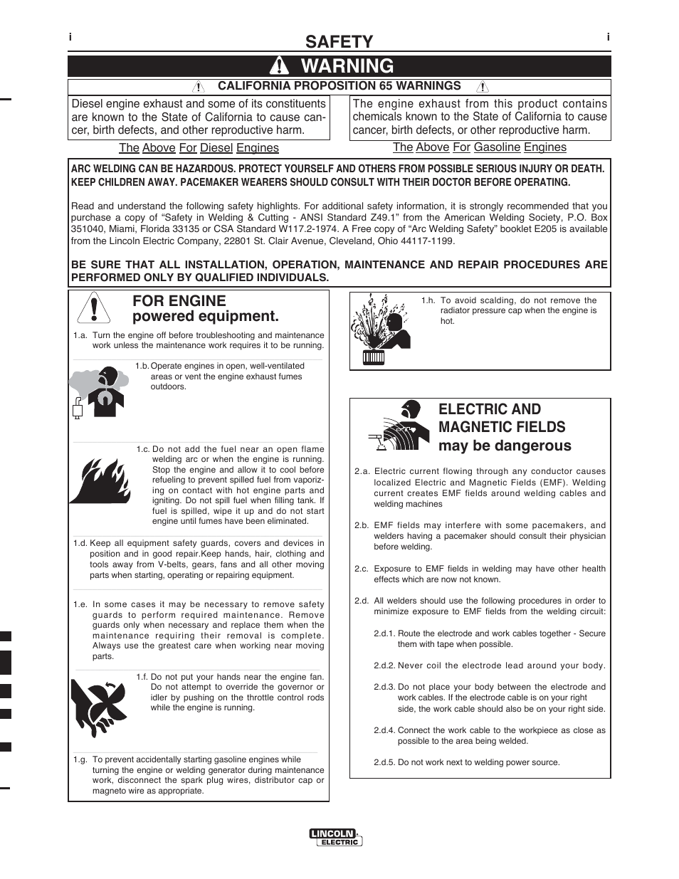 Warning, Safety, For engine powered equipment | Electric and magnetic fields may be dangerous | Lincoln Electric IM956 POWER WAVE C300 User Manual | Page 2 / 72