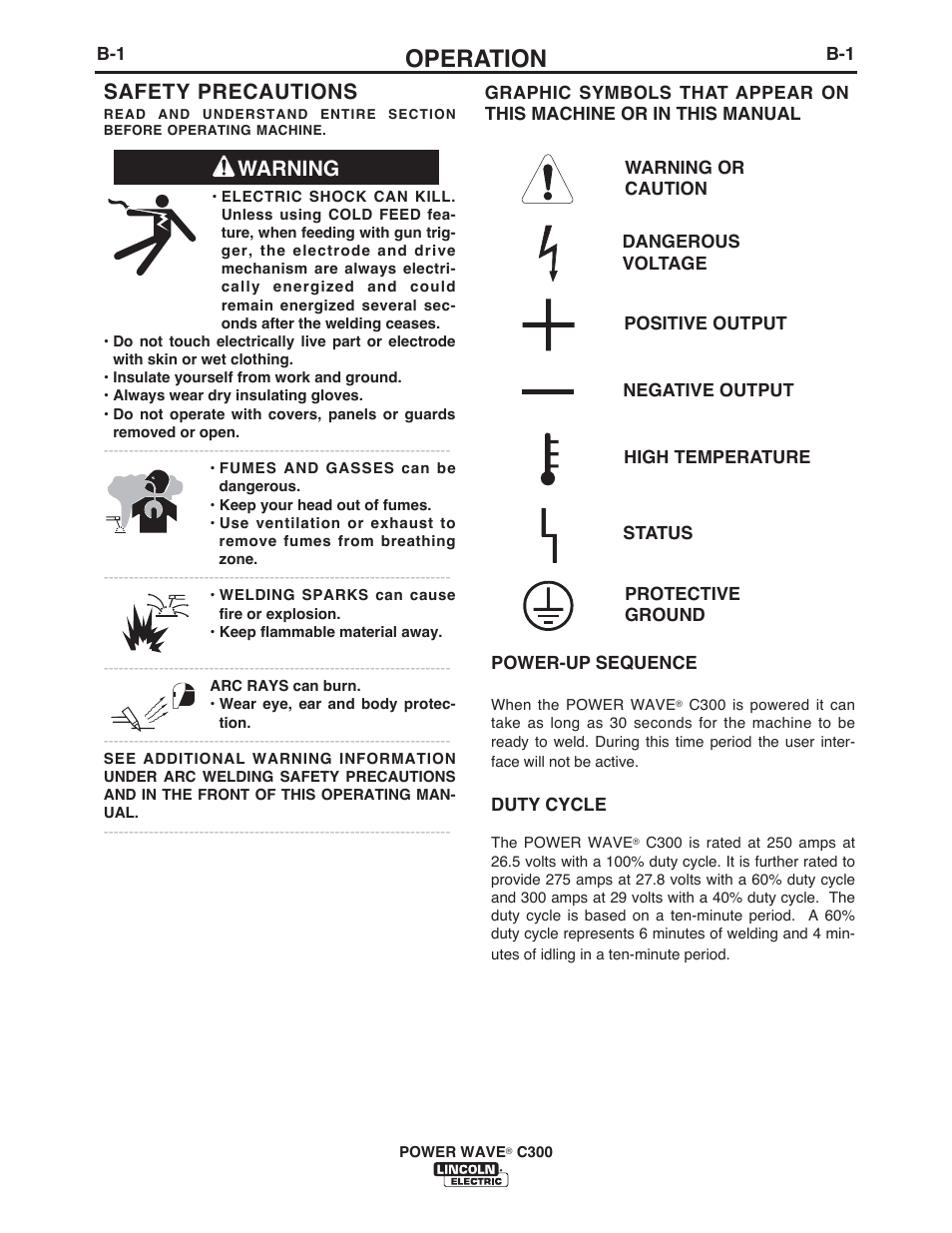 Operation, Warning safety precautions | Lincoln Electric IM956 POWER WAVE C300 User Manual | Page 22 / 72