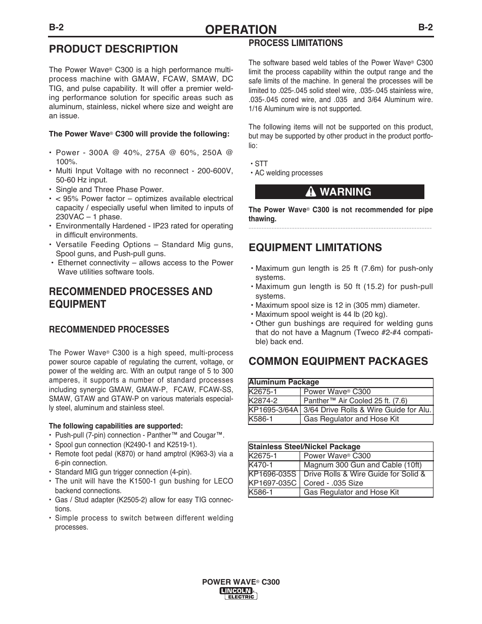 Operation, Product description, Recommended processes and equipment | Equipment limitations, Common equipment packages, Warning | Lincoln Electric IM956 POWER WAVE C300 User Manual | Page 23 / 72