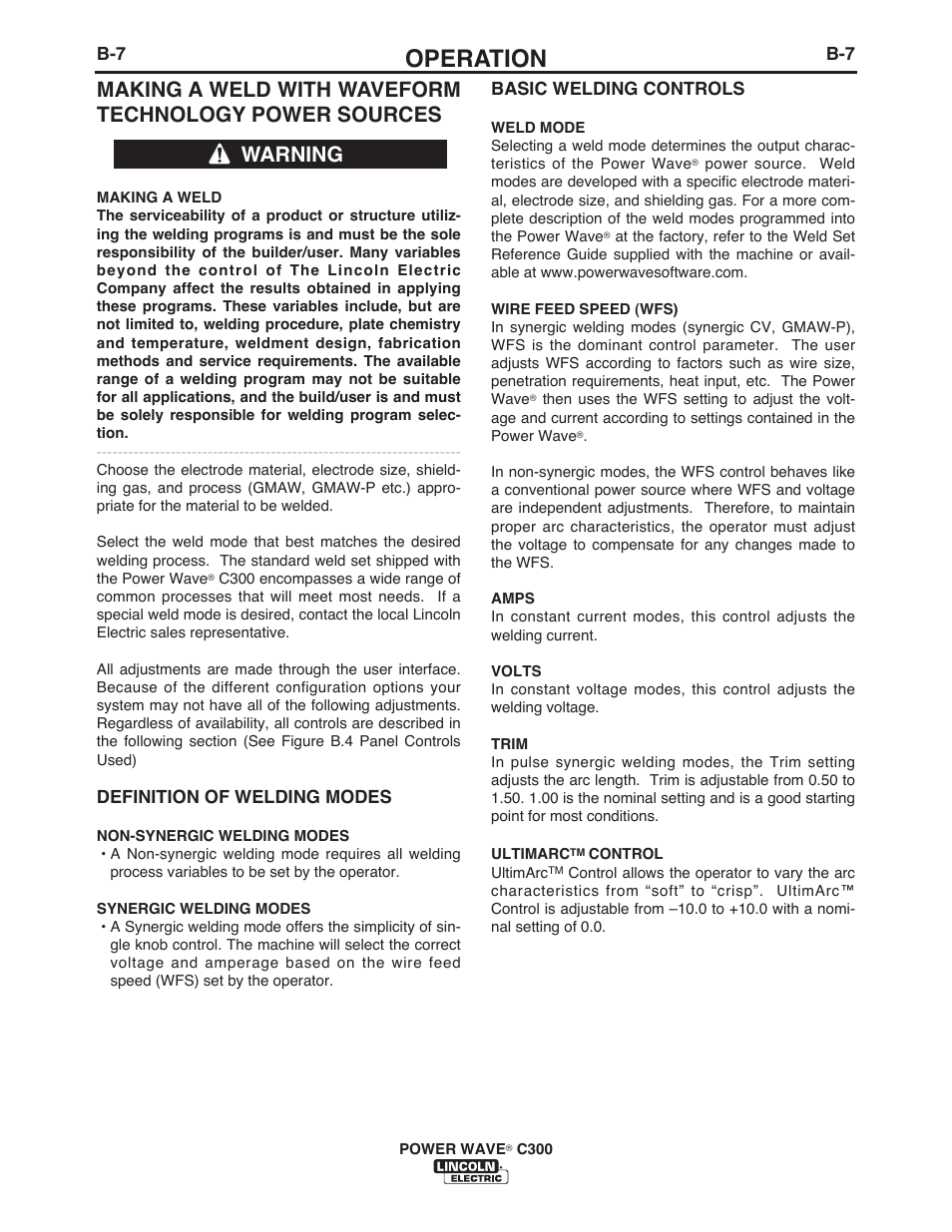 Operation, Warning | Lincoln Electric IM956 POWER WAVE C300 User Manual | Page 28 / 72