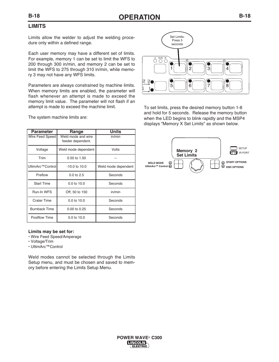 Operation, B-18, Limits | Lincoln Electric IM956 POWER WAVE C300 User Manual | Page 39 / 72