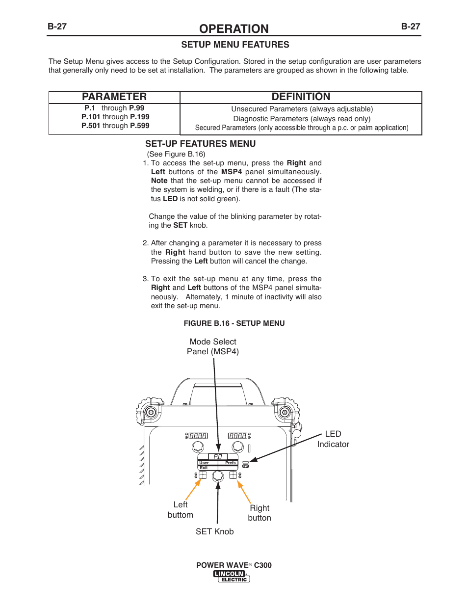 Operation, Parameter, Definition | Lincoln Electric IM956 POWER WAVE C300 User Manual | Page 48 / 72