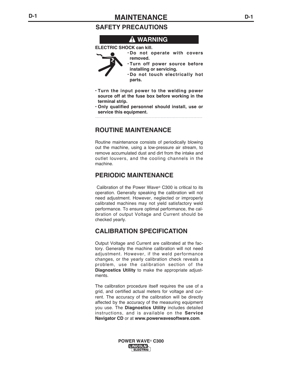 Maintenance, Safety precautions warning, Routine maintenance | Periodic maintenance, Calibration specification | Lincoln Electric IM956 POWER WAVE C300 User Manual | Page 58 / 72