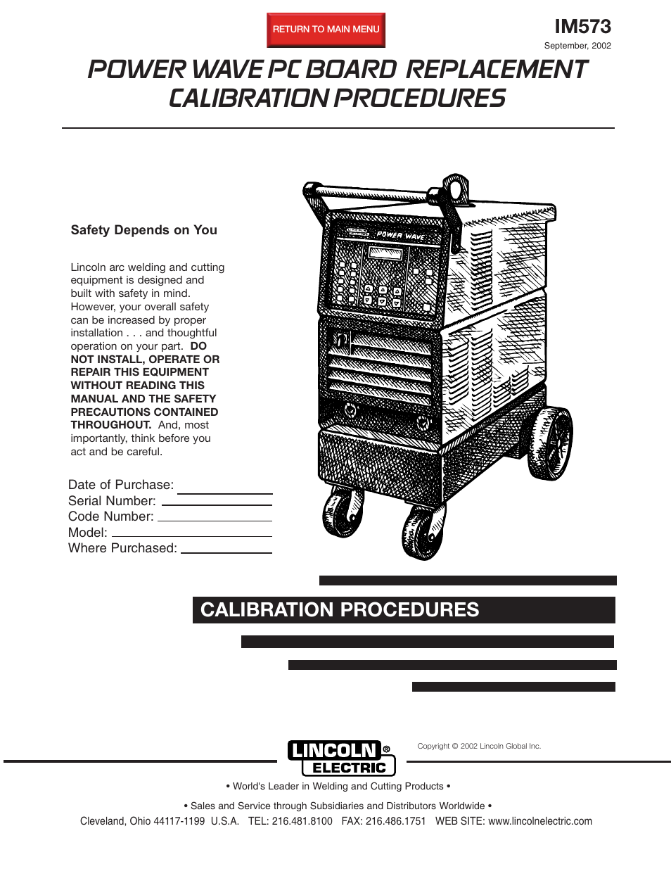 Lincoln Electric IM573 POWER WAVE CALIBRATION PROCEDURES User Manual | 32 pages