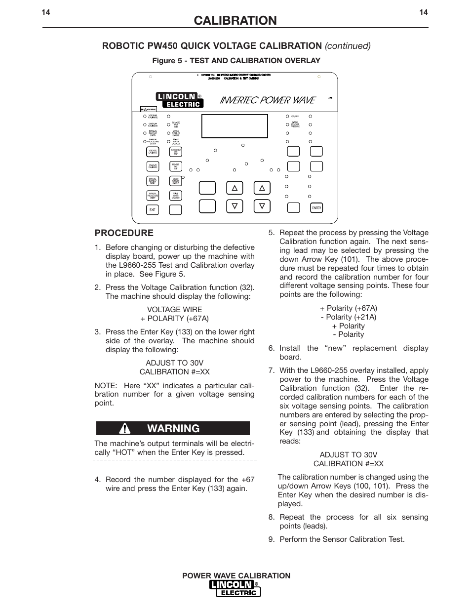 Calibration, Warning, Procedure | Lincoln Electric IM573 POWER WAVE CALIBRATION PROCEDURES User Manual | Page 14 / 32