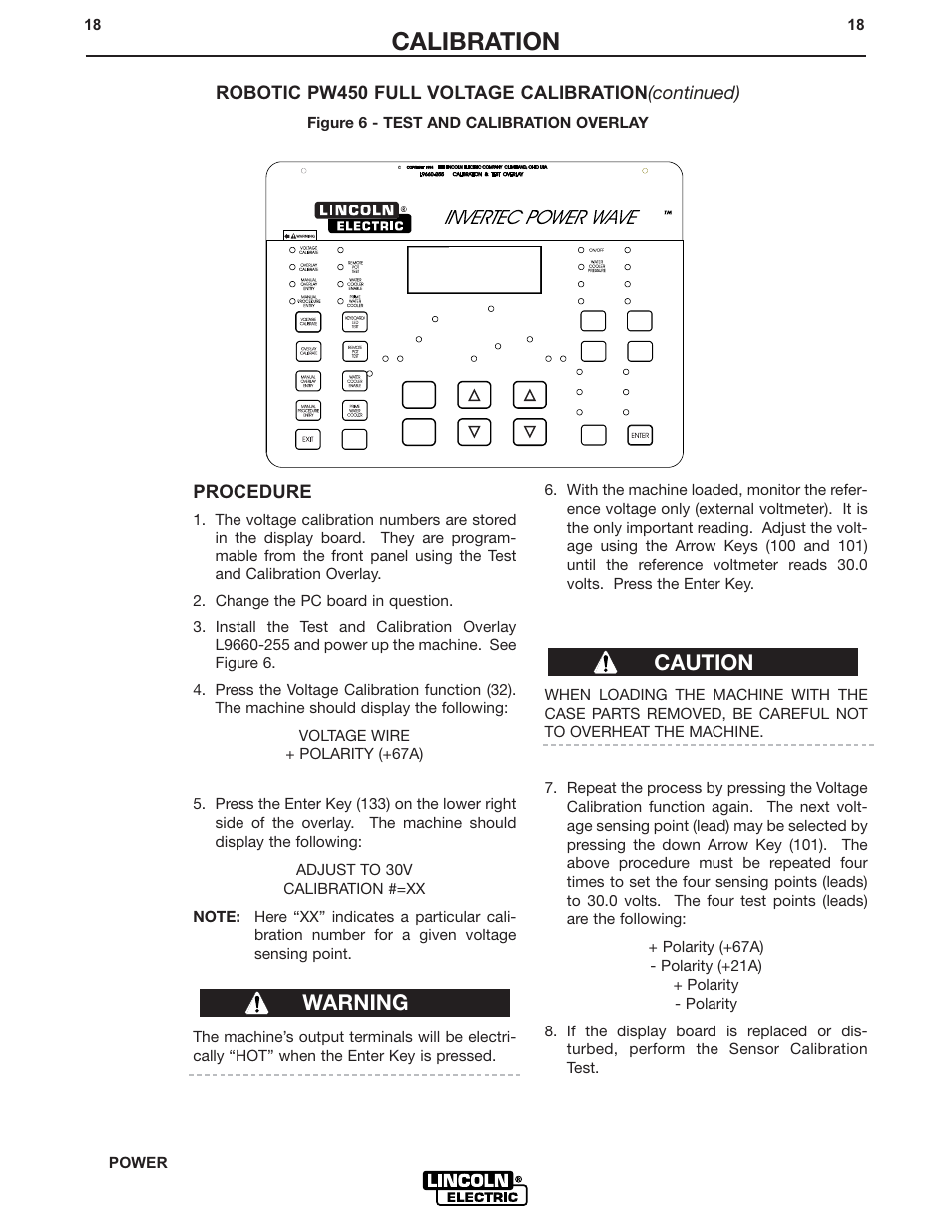 Calibration, Caution warning, Procedure | Robotic pw450 full voltage calibration (continued) | Lincoln Electric IM573 POWER WAVE CALIBRATION PROCEDURES User Manual | Page 18 / 32