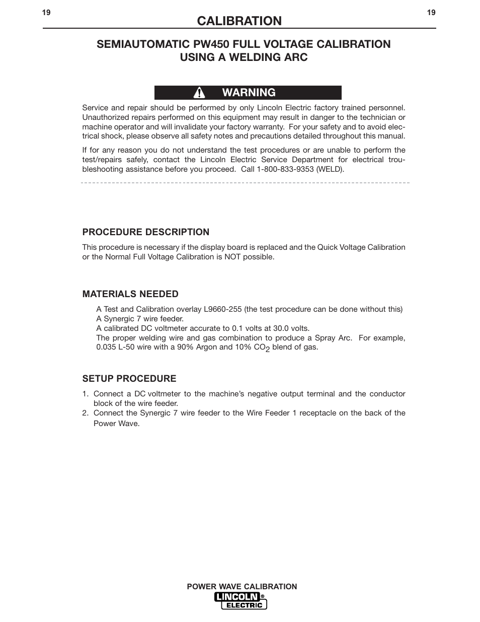 Calibration, Warning | Lincoln Electric IM573 POWER WAVE CALIBRATION PROCEDURES User Manual | Page 19 / 32