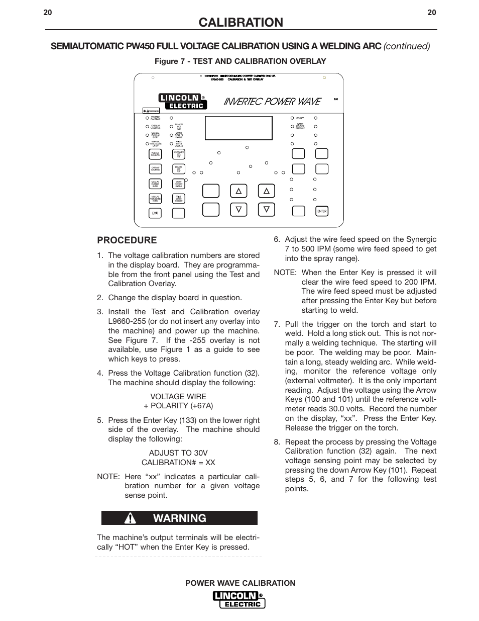 Calibration, Warning, Procedure | Lincoln Electric IM573 POWER WAVE CALIBRATION PROCEDURES User Manual | Page 20 / 32