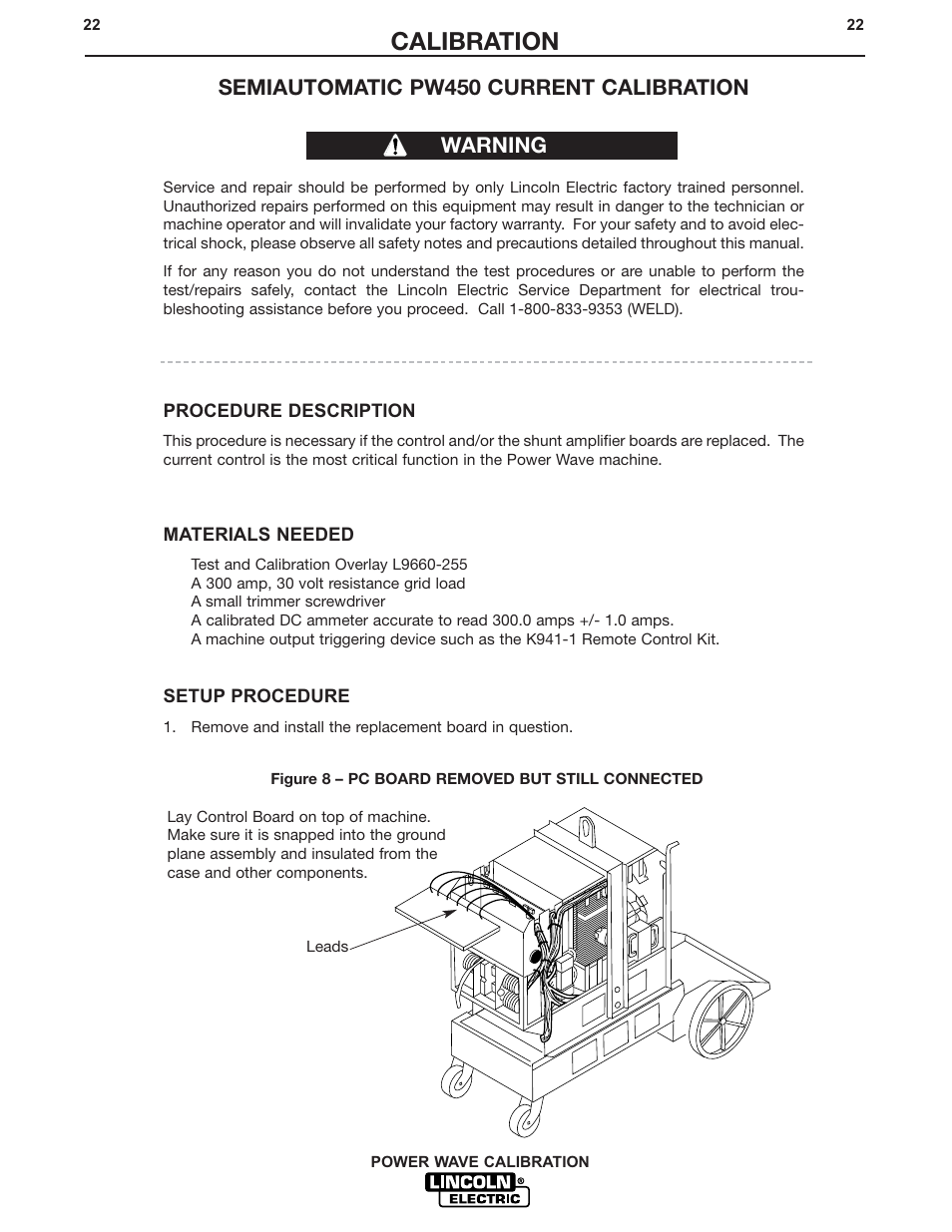 Calibration, Semiautomatic pw450 current calibration, Warning | Lincoln Electric IM573 POWER WAVE CALIBRATION PROCEDURES User Manual | Page 22 / 32