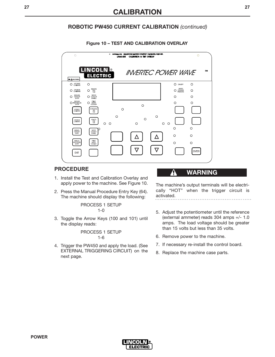 Calibration, Warning | Lincoln Electric IM573 POWER WAVE CALIBRATION PROCEDURES User Manual | Page 27 / 32