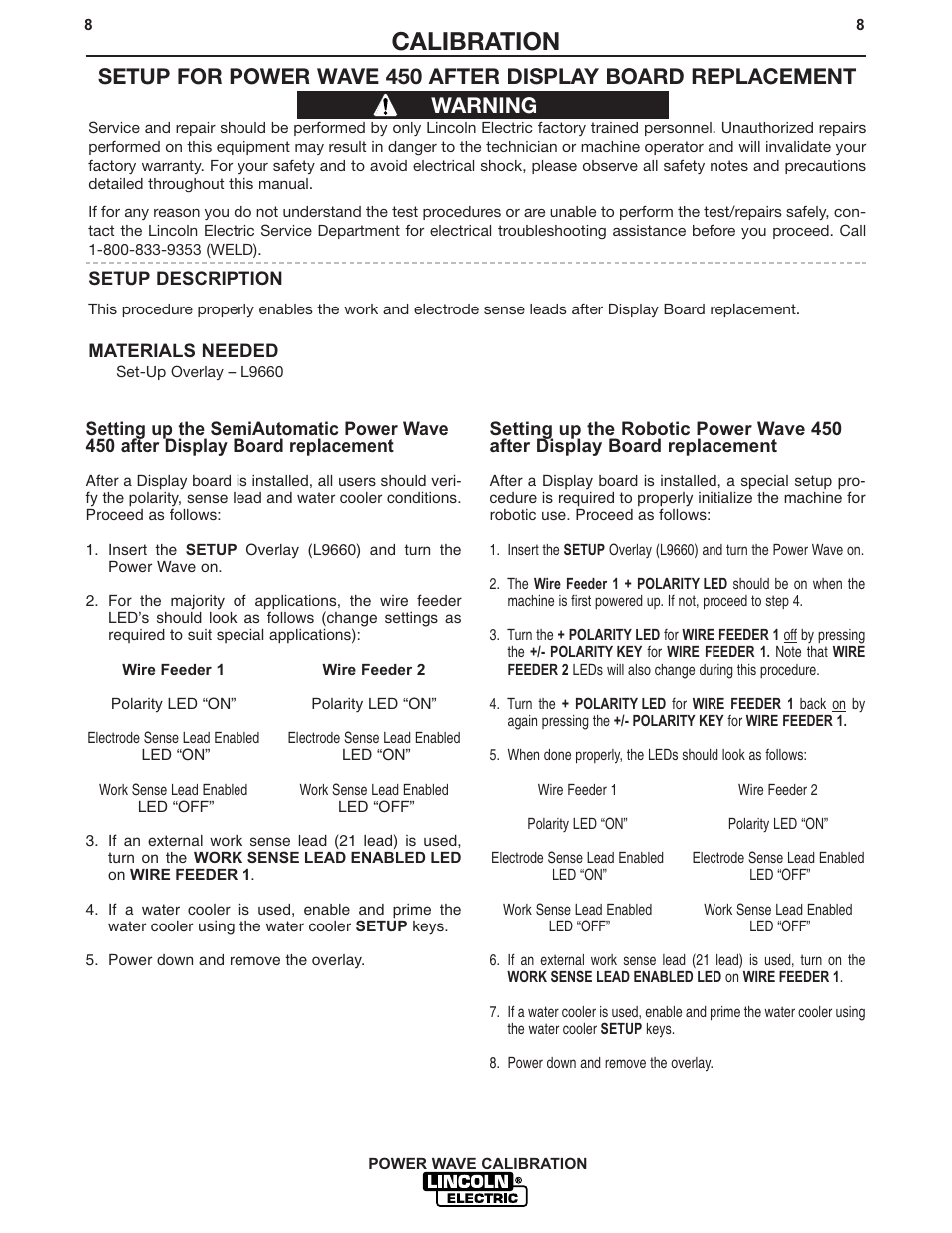 Calibration, Warning | Lincoln Electric IM573 POWER WAVE CALIBRATION PROCEDURES User Manual | Page 8 / 32