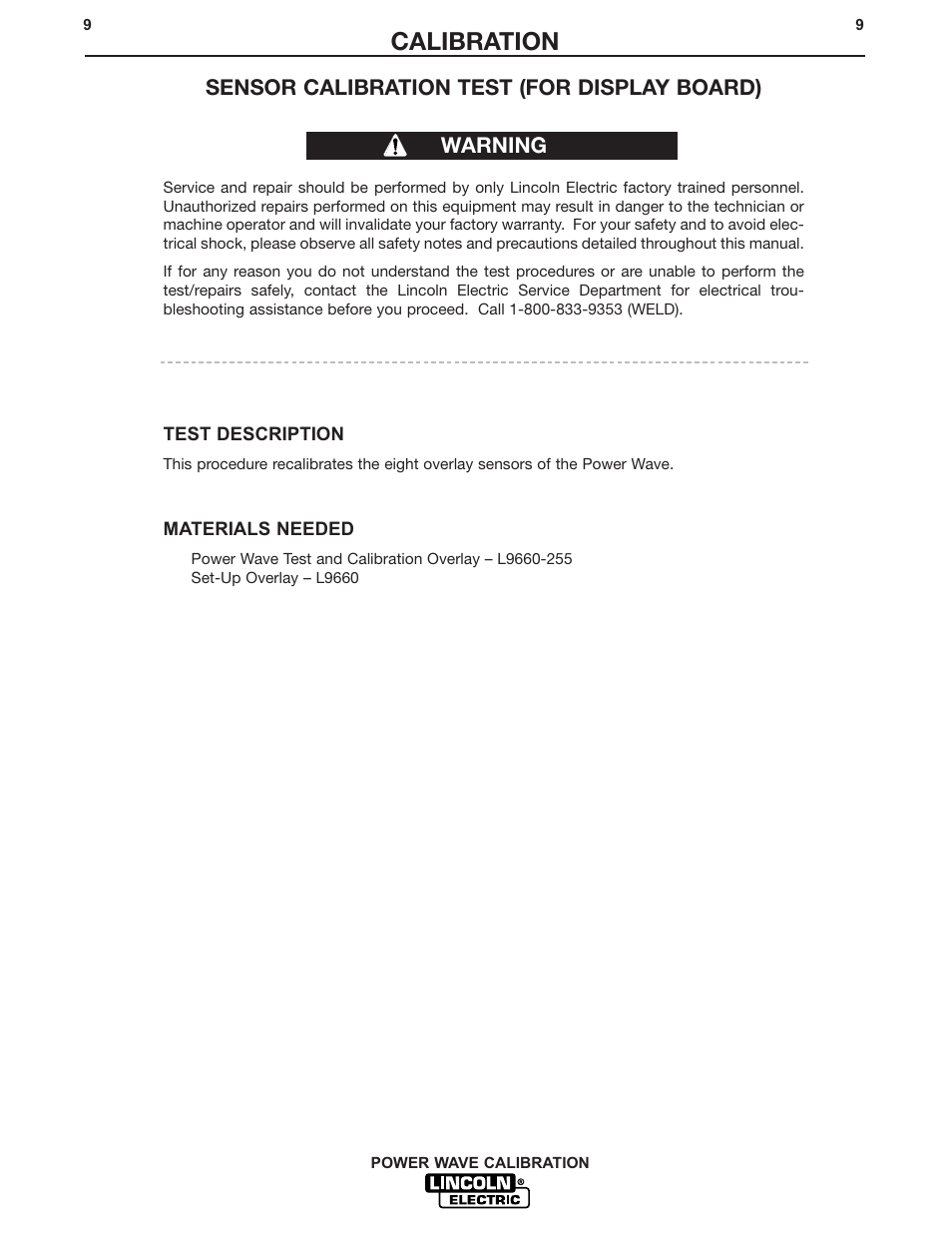 Calibration, Sensor calibration test (for display board), Warning | Lincoln Electric IM573 POWER WAVE CALIBRATION PROCEDURES User Manual | Page 9 / 32