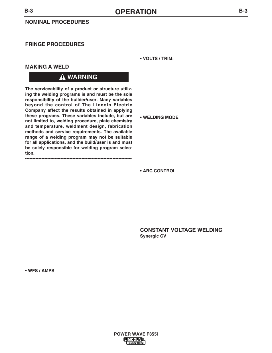 Operation, Warning | Lincoln Electric IM755 POWER WAVE F355i User Manual | Page 16 / 36