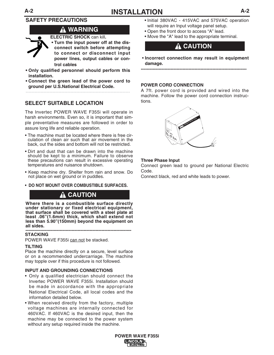 Installation, Warning, Caution | Lincoln Electric IM755 POWER WAVE F355i User Manual | Page 9 / 36