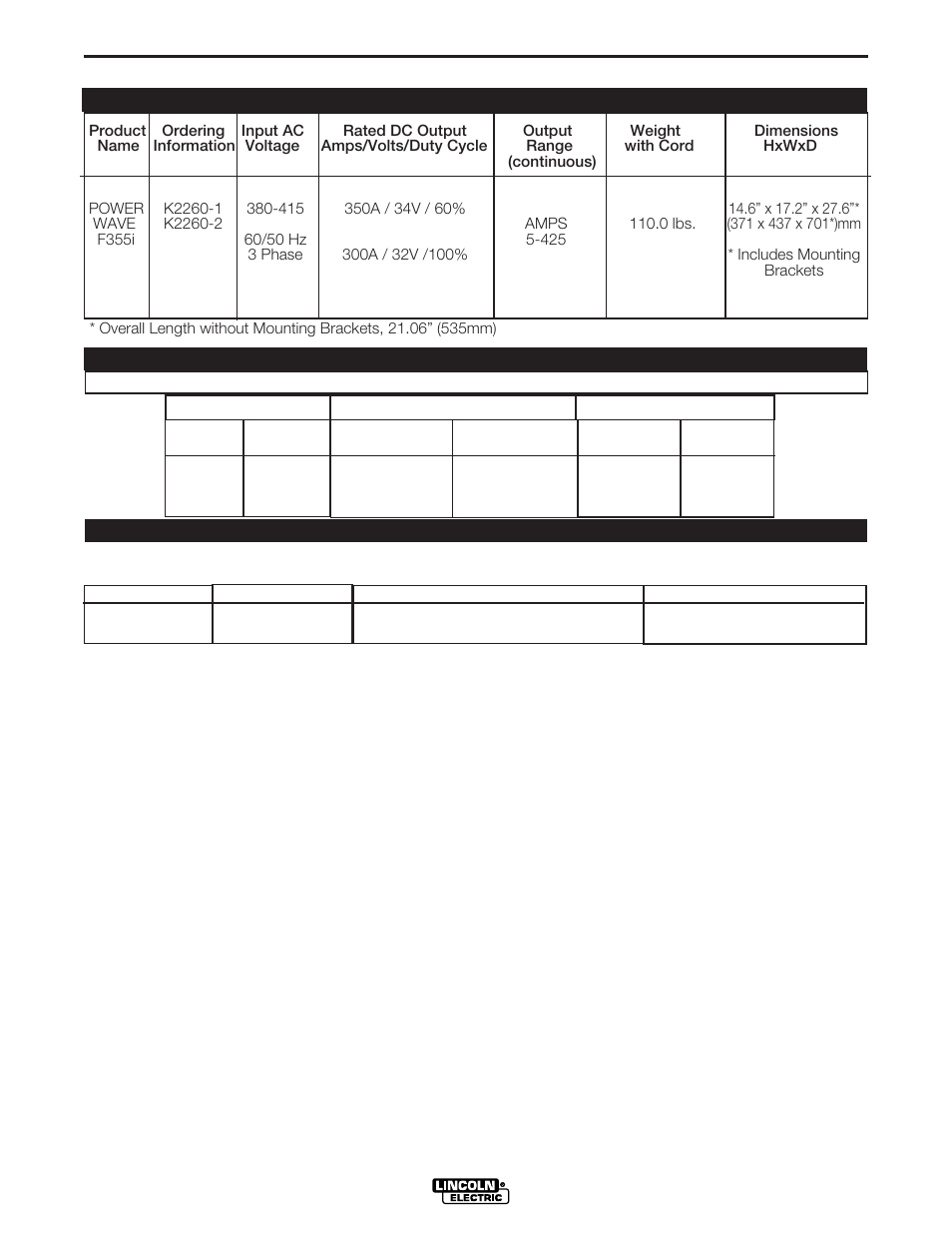 Installation, Technical specifications | Lincoln Electric IM799 POWER WAVE F355i(CE) User Manual | Page 10 / 37