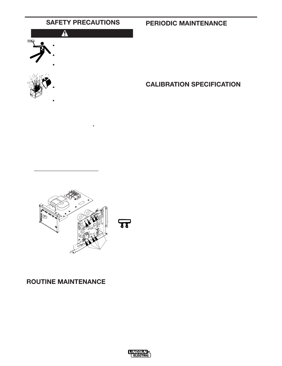 Maintenance, Safety precautions, Routine maintenance | Periodic maintenance, Calibration specification, Warning | Lincoln Electric IM799 POWER WAVE F355i(CE) User Manual | Page 22 / 37