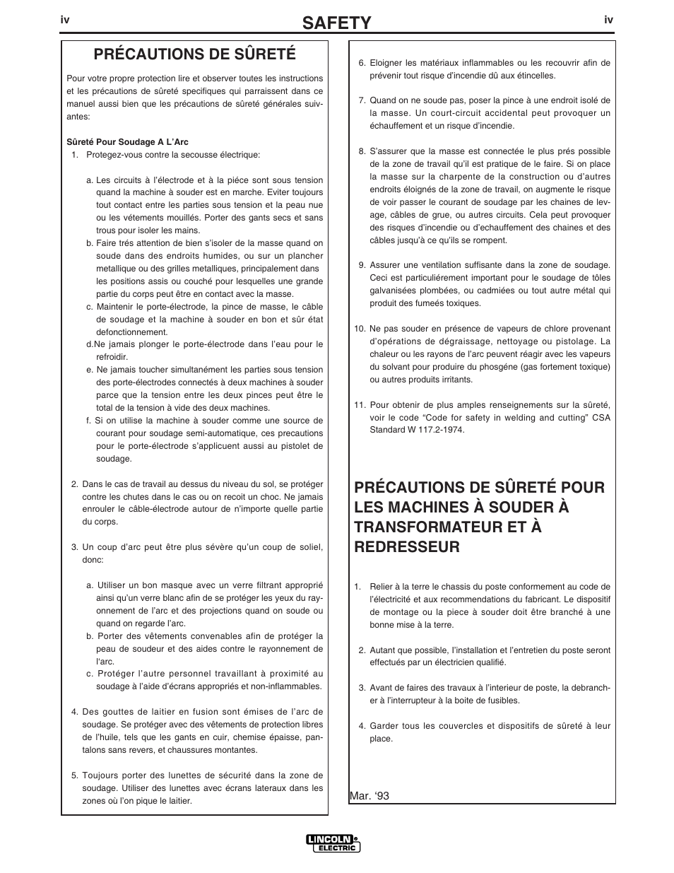 Safety, Précautions de sûreté | Lincoln Electric IM799 POWER WAVE F355i(CE) User Manual | Page 5 / 37