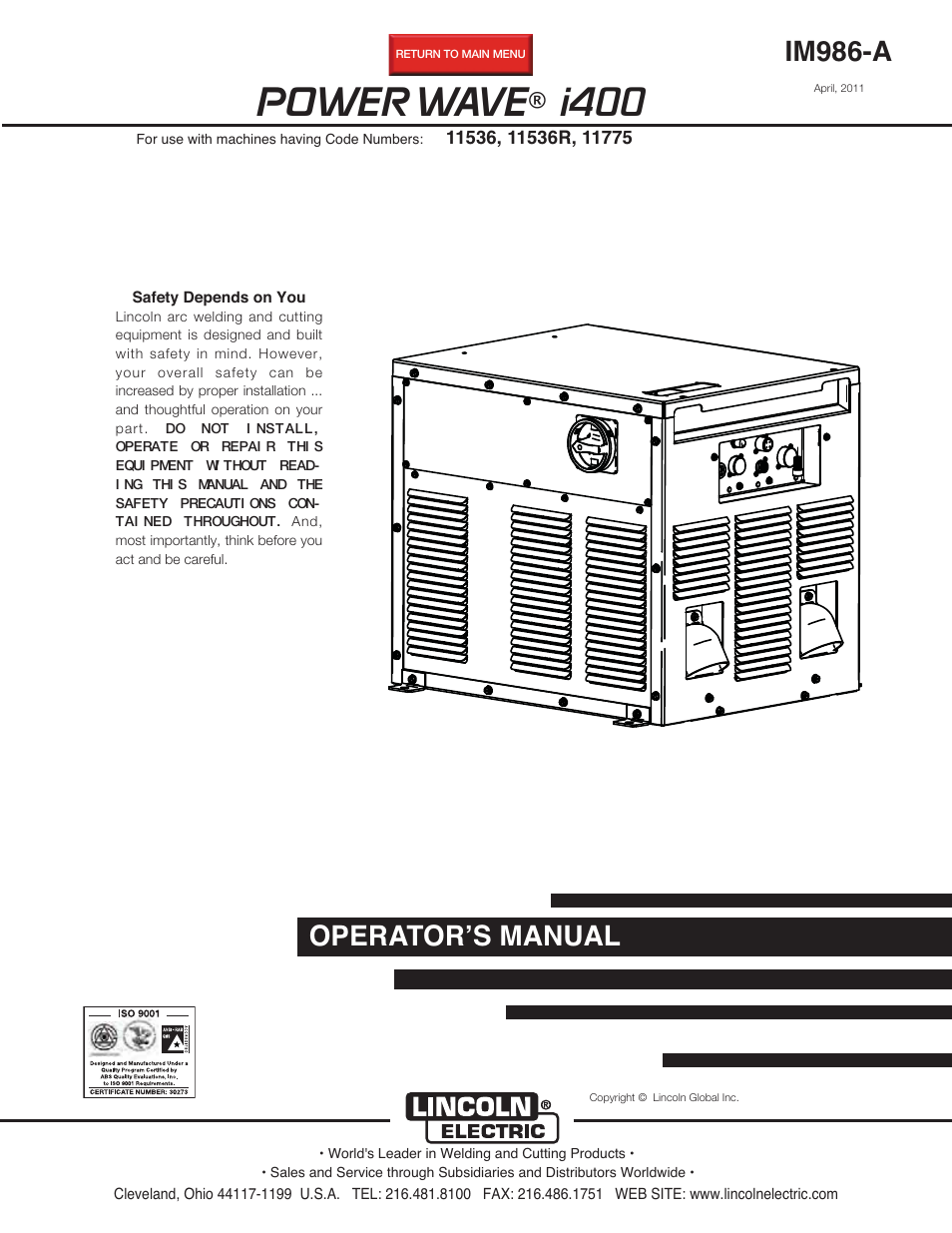 Lincoln Electric IM986 POWER WAVE i400 User Manual | 56 pages