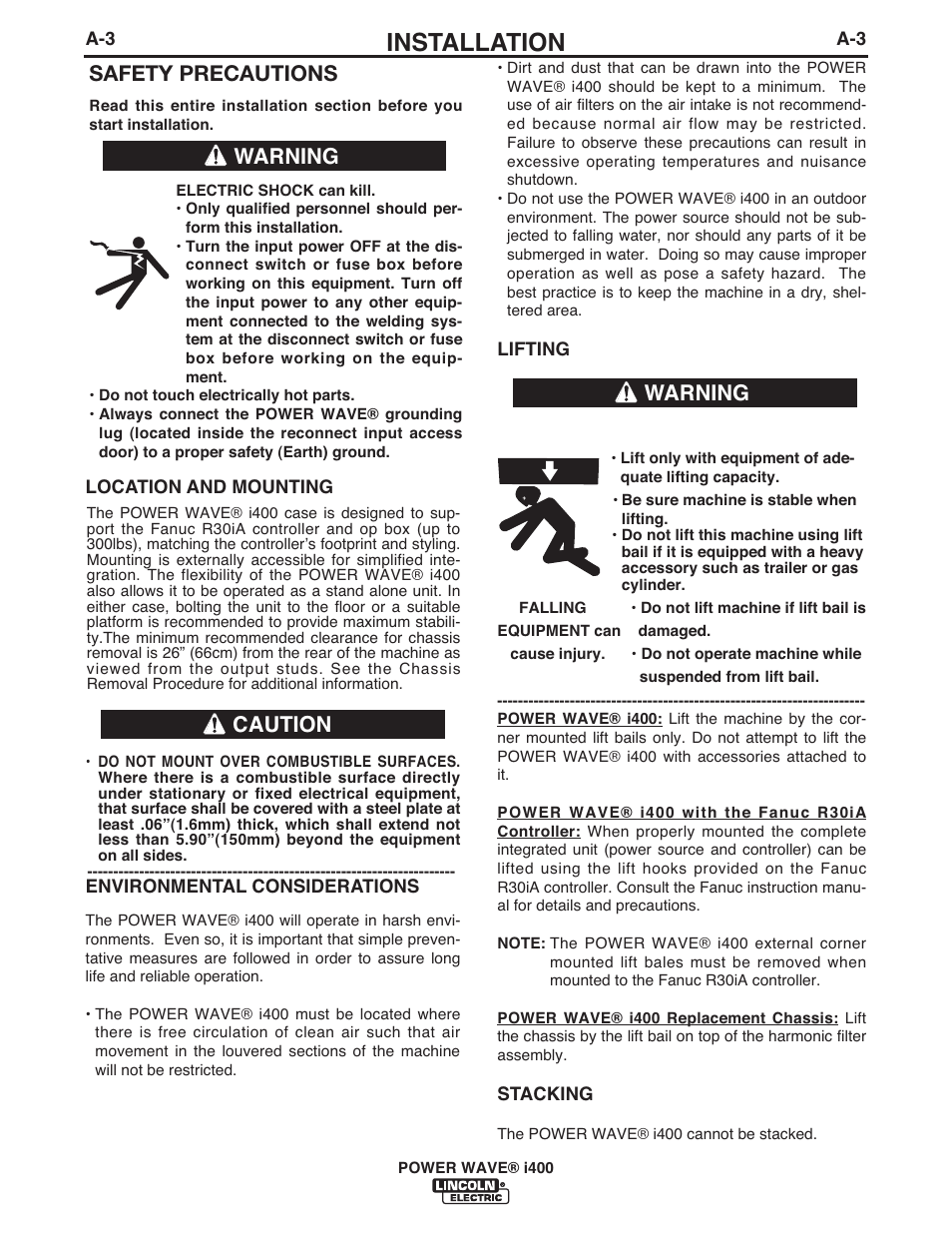 Installation, Safety precautions, Warning caution | Warning | Lincoln Electric IM986 POWER WAVE i400 User Manual | Page 12 / 56