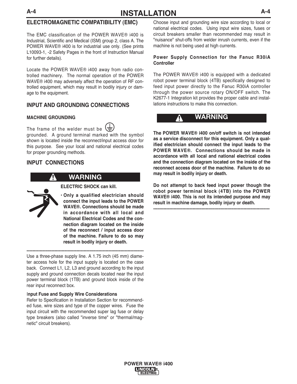 Installation, Warning | Lincoln Electric IM986 POWER WAVE i400 User Manual | Page 13 / 56