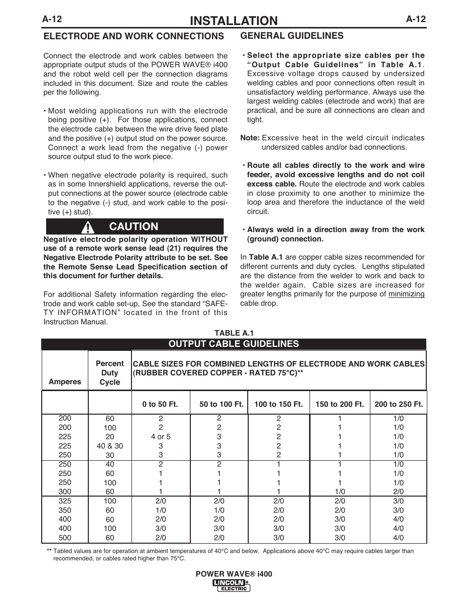 Installation, Caution | Lincoln Electric IM986 POWER WAVE i400 User Manual | Page 21 / 56