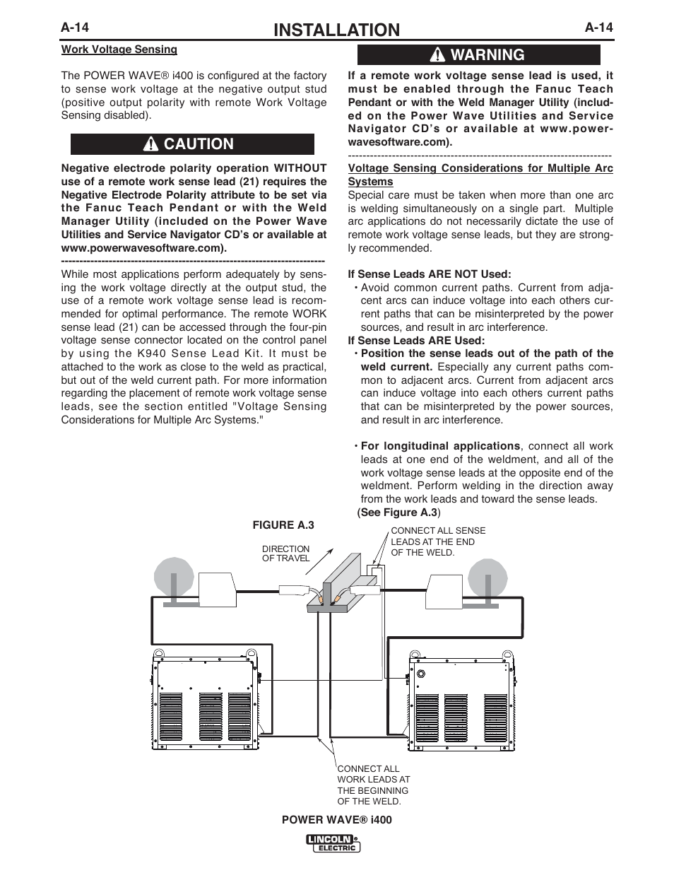 Installation, Warning caution | Lincoln Electric IM986 POWER WAVE i400 User Manual | Page 23 / 56