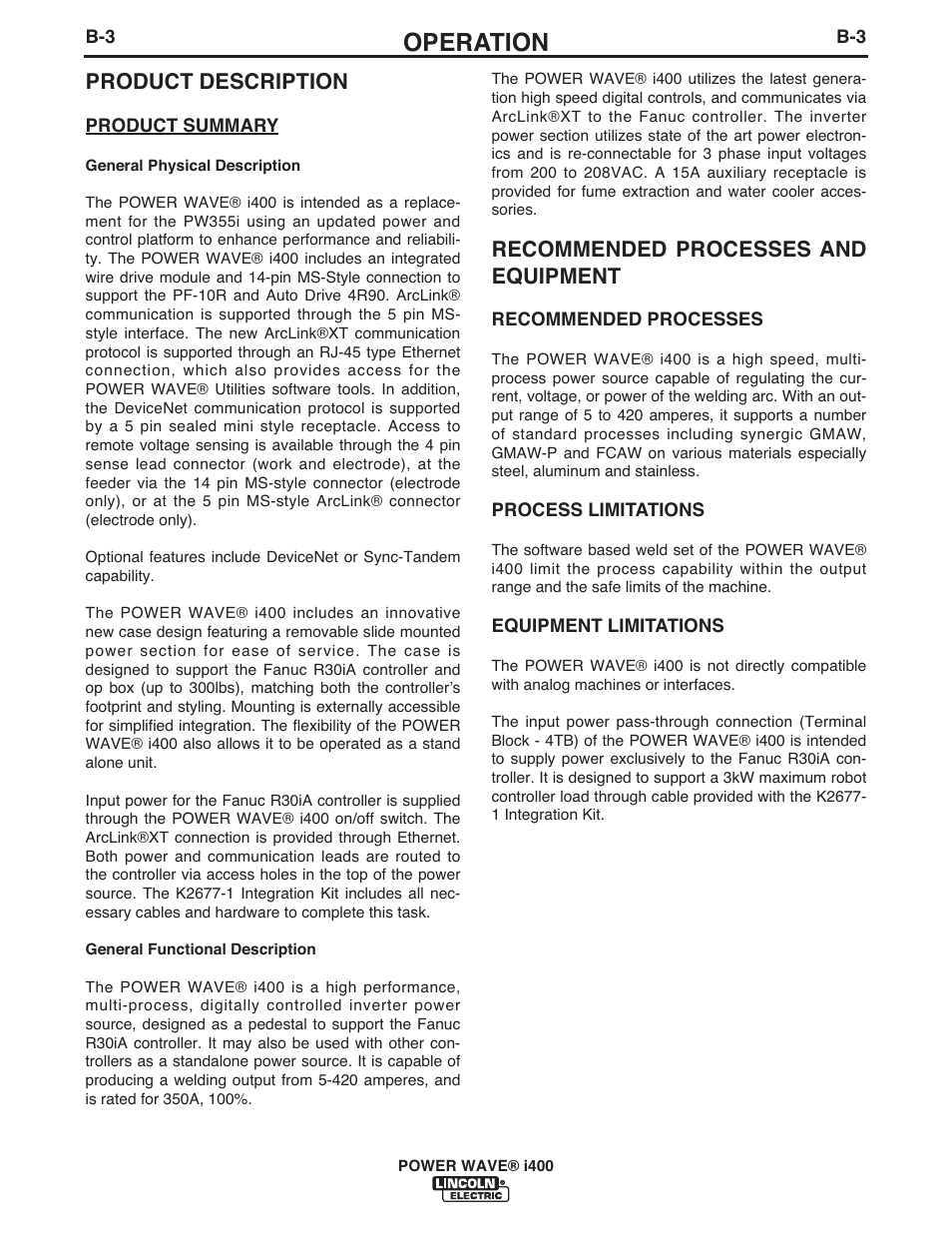 Operation, Product description, Recommended processes and equipment | Lincoln Electric IM986 POWER WAVE i400 User Manual | Page 29 / 56