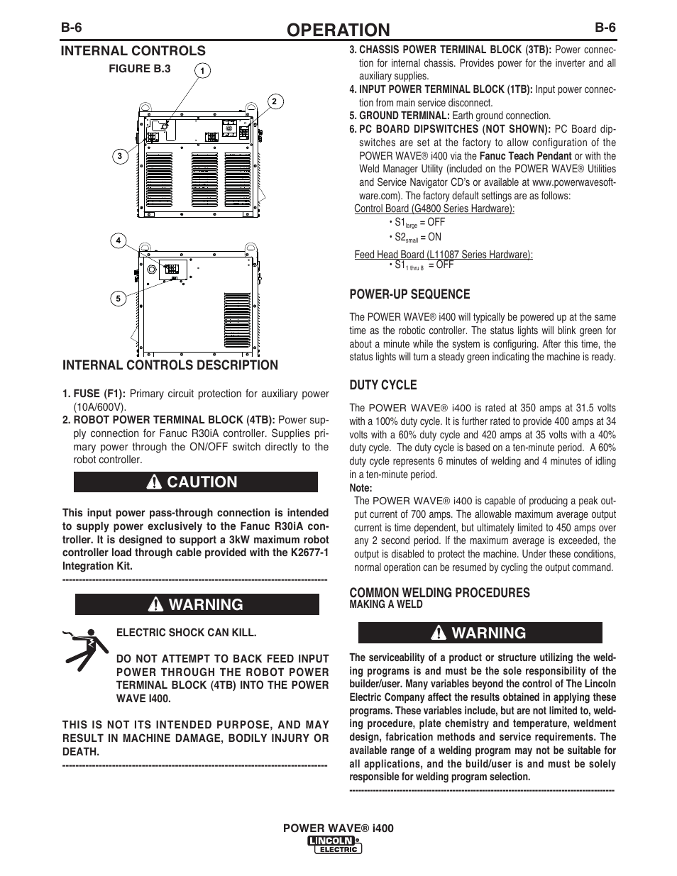 Operation, Caution warning warning | Lincoln Electric IM986 POWER WAVE i400 User Manual | Page 32 / 56