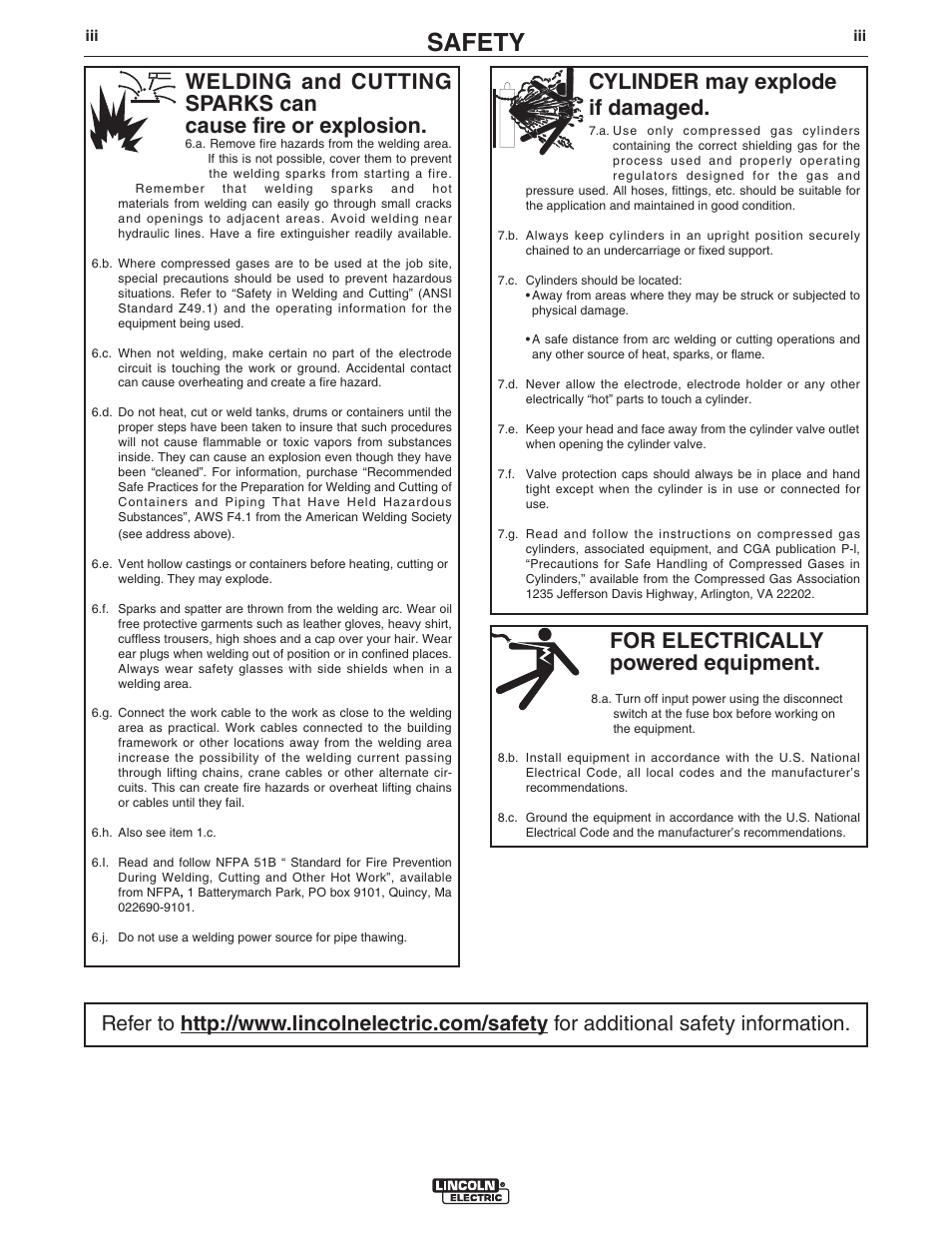 Safety, For electrically powered equipment, Cylinder may explode if damaged | Lincoln Electric IM986 POWER WAVE i400 User Manual | Page 4 / 56