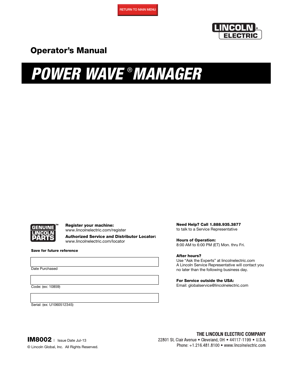 Lincoln Electric IM8002 POWER WAVE MANAGER User Manual | 128 pages