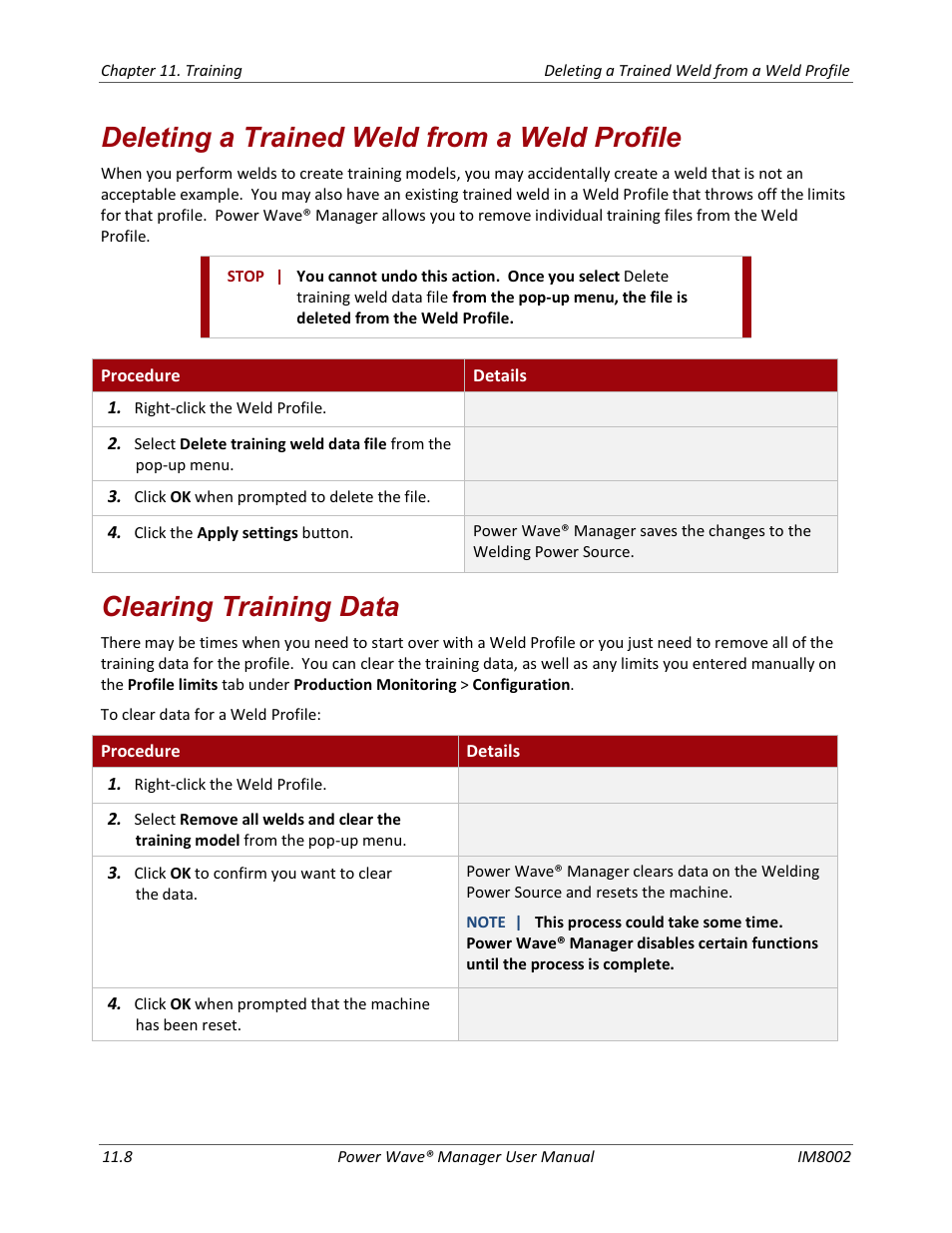 Deleting a trained weld from a weld profile, Clearing training data | Lincoln Electric IM8002 POWER WAVE MANAGER User Manual | Page 102 / 128