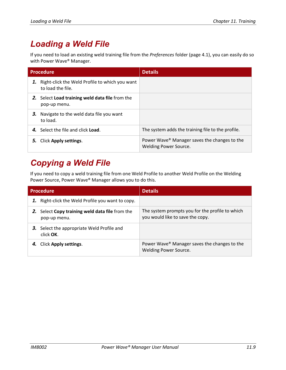 Loading a weld file copying a weld file, Loading a weld file, Copying a weld file | Lincoln Electric IM8002 POWER WAVE MANAGER User Manual | Page 103 / 128