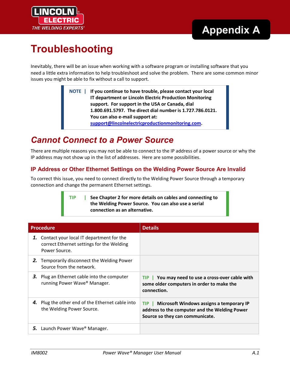 Troubleshooting, Appendix a), Appendix a | Ee appendix a f, Appendix a troubleshooting, Cannot connect to a power source | Lincoln Electric IM8002 POWER WAVE MANAGER User Manual | Page 105 / 128