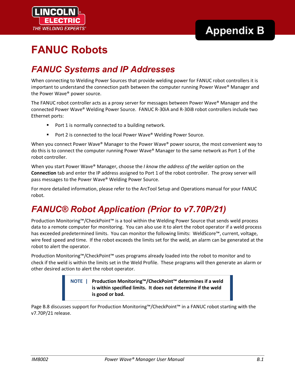 Fanuc robots, Appendix b fanuc robots, Fanuc systems and ip addresses | Lincoln Electric IM8002 POWER WAVE MANAGER User Manual | Page 107 / 128