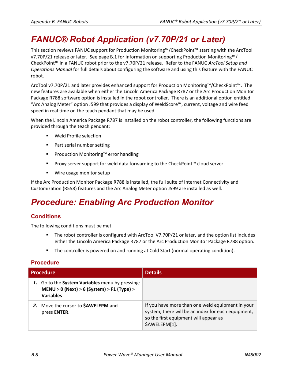 Procedure: enabling arc production monitor | Lincoln Electric IM8002 POWER WAVE MANAGER User Manual | Page 114 / 128