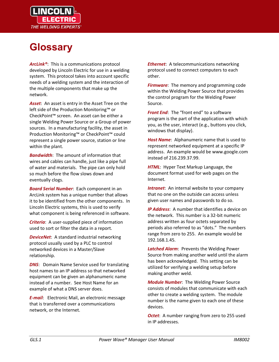 Glossary | Lincoln Electric IM8002 POWER WAVE MANAGER User Manual | Page 123 / 128