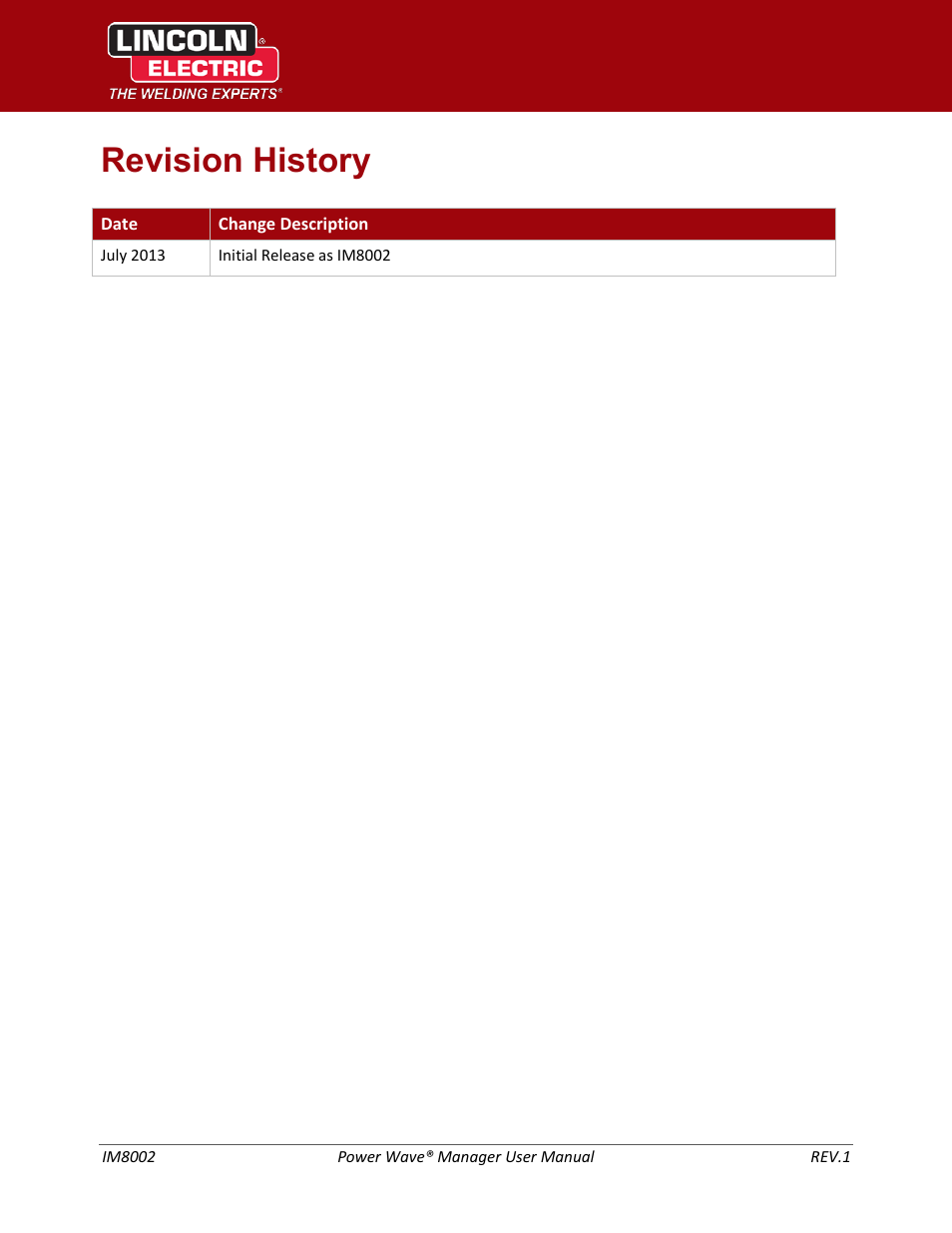 Revision history | Lincoln Electric IM8002 POWER WAVE MANAGER User Manual | Page 13 / 128