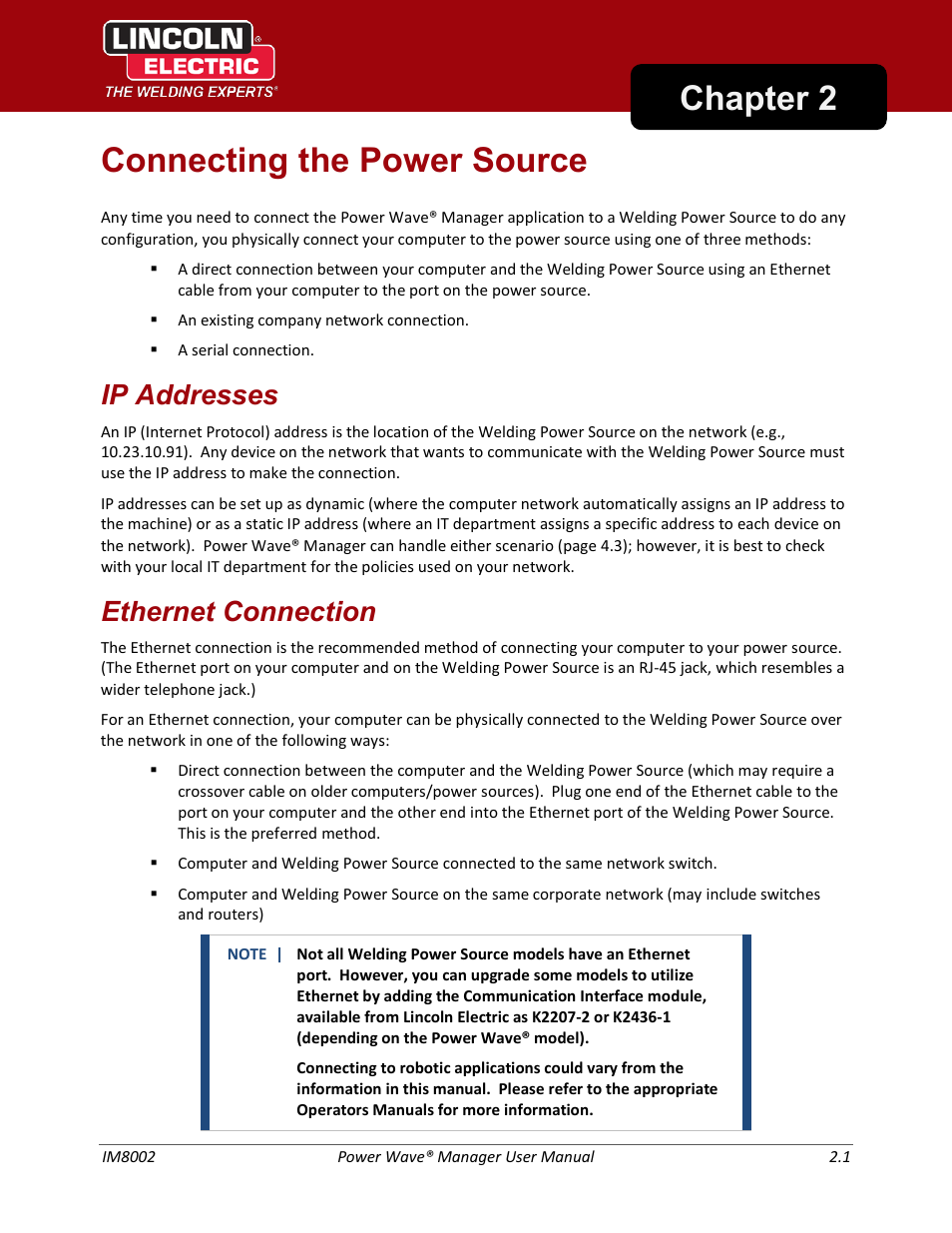 Connecting the power source, Ip addresses ethernet connection, Chapter 2 connecting the power source | Ip addresses, Ethernet connection | Lincoln Electric IM8002 POWER WAVE MANAGER User Manual | Page 17 / 128