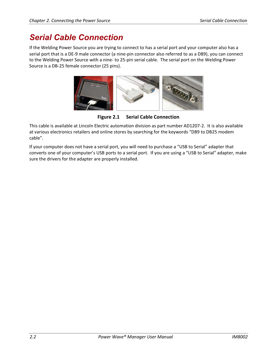 Serial cable connection | Lincoln Electric IM8002 POWER WAVE MANAGER User Manual | Page 18 / 128