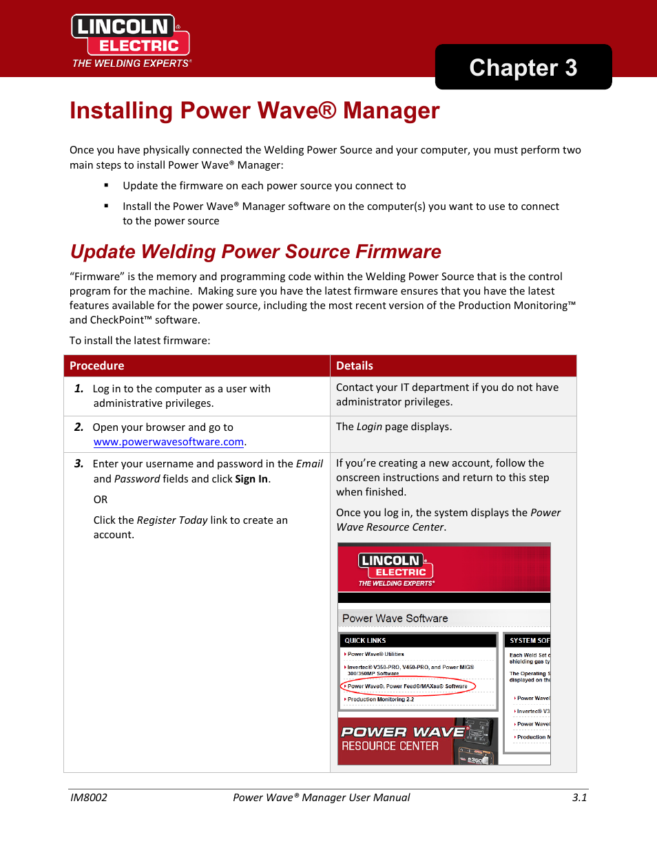Installing power wave® manager, Update welding power source firmware, Chapter 3 installing power wave® manager | Lincoln Electric IM8002 POWER WAVE MANAGER User Manual | Page 19 / 128
