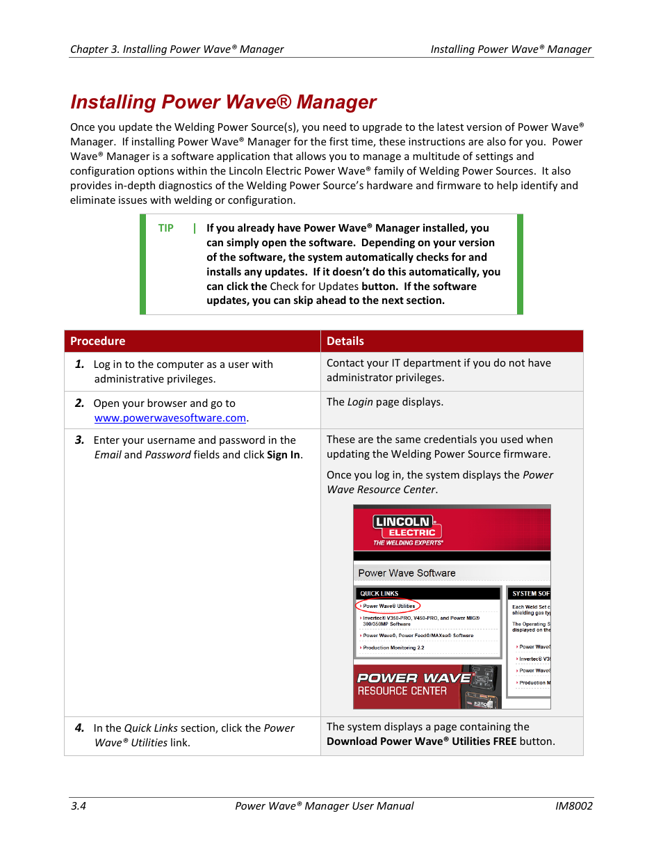 Installing power wave® manager | Lincoln Electric IM8002 POWER WAVE MANAGER User Manual | Page 22 / 128