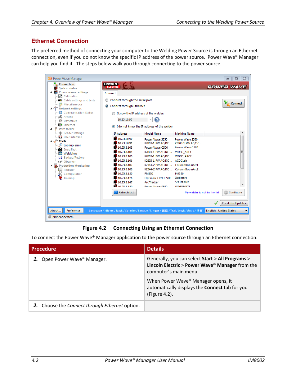 Ethernet connection | Lincoln Electric IM8002 POWER WAVE MANAGER User Manual | Page 26 / 128