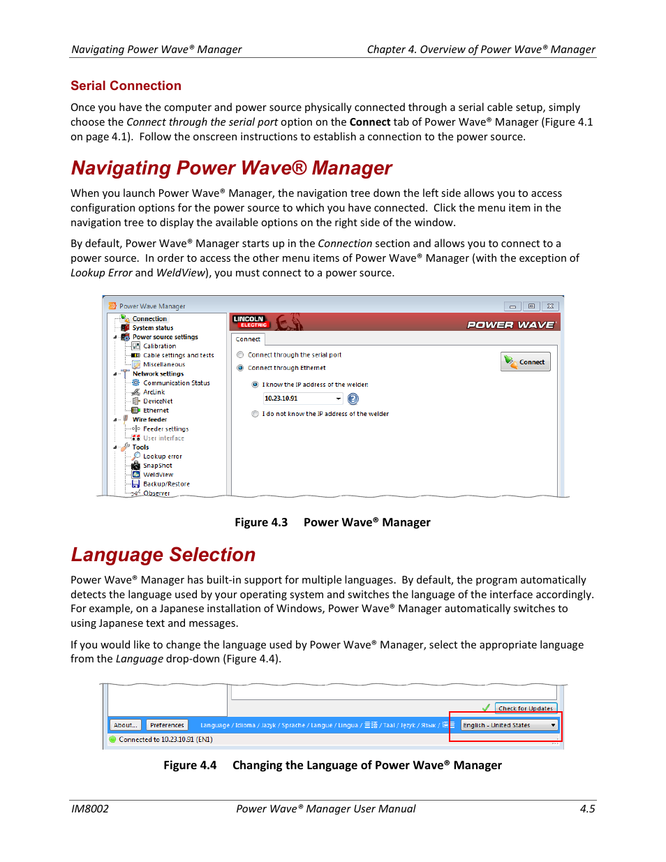 Serial connection, Navigating power wave® manager language selection, Navigating power wave® manager | Language selection | Lincoln Electric IM8002 POWER WAVE MANAGER User Manual | Page 29 / 128