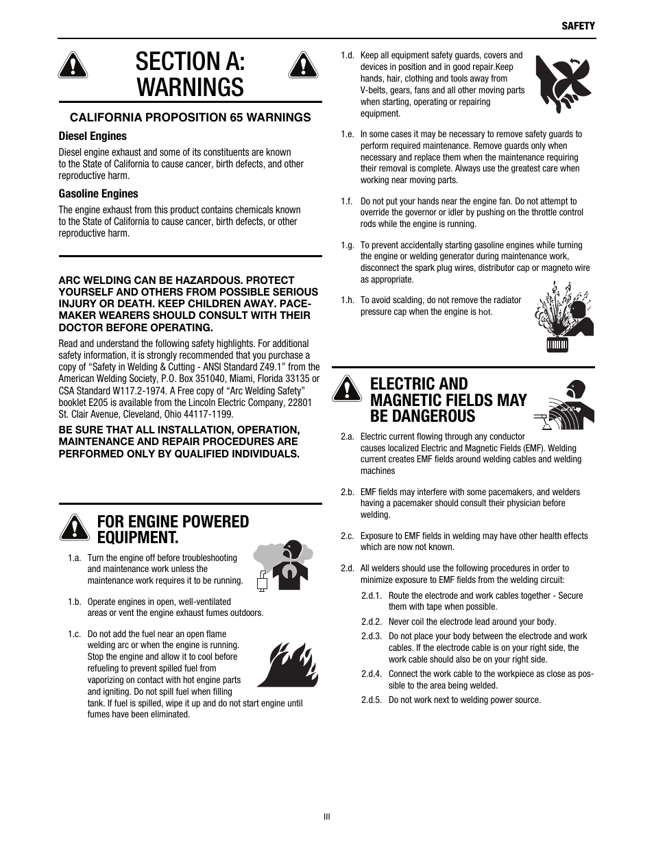 For engine powered equipment, Electric and magnetic fields may be dangerous | Lincoln Electric IM8002 POWER WAVE MANAGER User Manual | Page 3 / 128