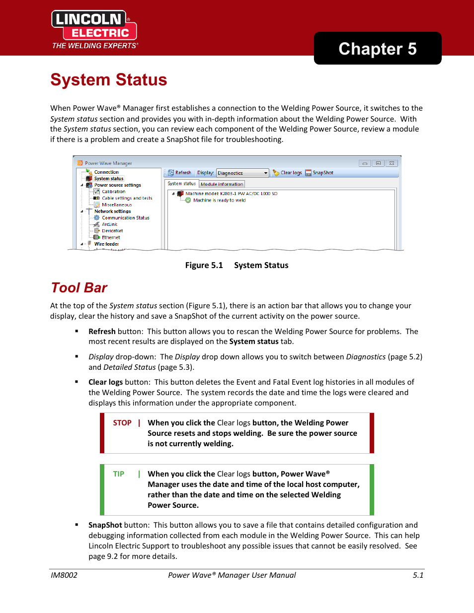 System status, Tool bar, U (chapter 5) | Chapter 5 system status | Lincoln Electric IM8002 POWER WAVE MANAGER User Manual | Page 31 / 128